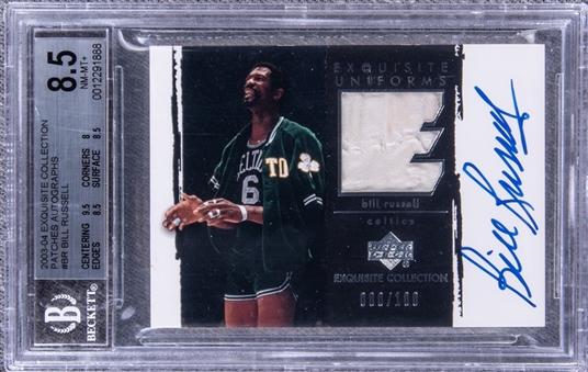 2003-04 UD "Exquisite Collection" Patches Autographs #BR Bill Russell Signed Game Used Patch Card (#080/100) - BGS NM-MT+ 8.5/BGS 10